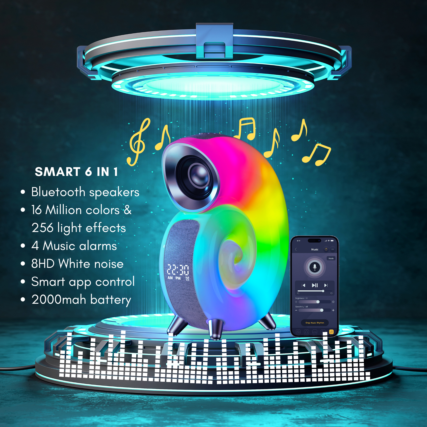 Smart 6 in 1 RGB Bluetooth Speaker with Alarm Clock (With Battery)