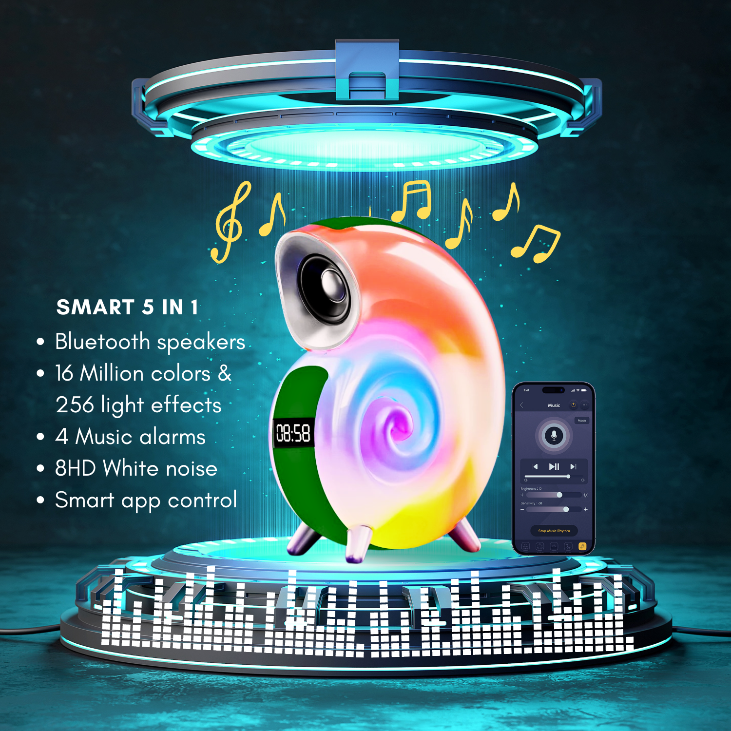 Smart 5 in 1 RGB Bluetooth Speaker with Alarm Clock (Without Battery)